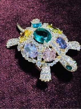 Multi-Gemstone Turtle Brooch - Green, Purple, Yellow Accents
